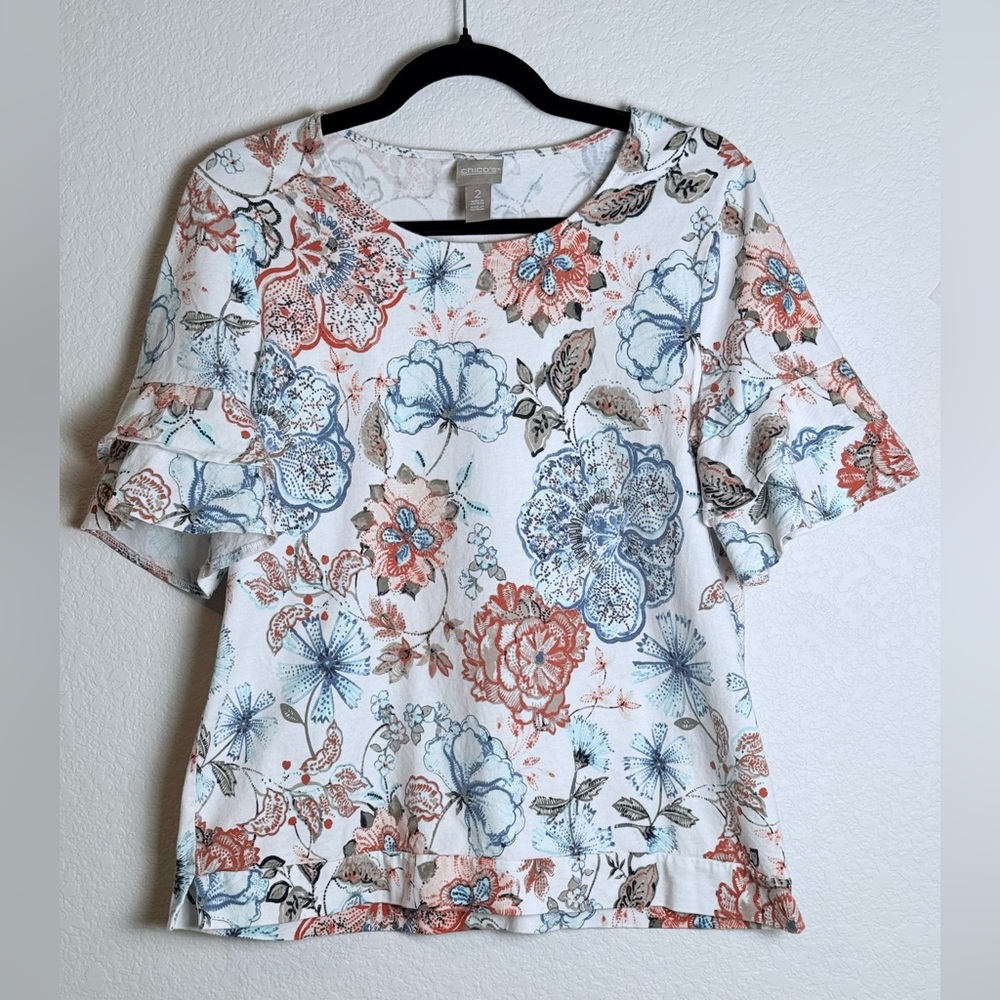 Chico's White Tee with Blue and Coral Floral Tiered Ruffled Sz 2